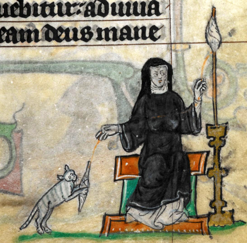 Medieval manuscript image of a nun spinning using a freestanding distaff; her cat has pounced on the twirling spindle dangling from her right hand.