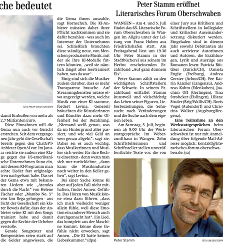 Artikel aus der Schwäbischen Zeitung, der das Literarische Forum Oberschwaben ankündigt.