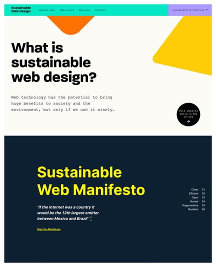 A screenshot of the Sustainable Web Design homepage and the Sustainable Web Manifesto.
