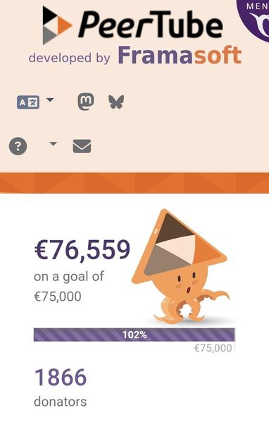 Peertube donation page with 102% goal achieved.
76000€