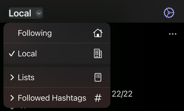 mastodon menu choice following local lists followed hashtags