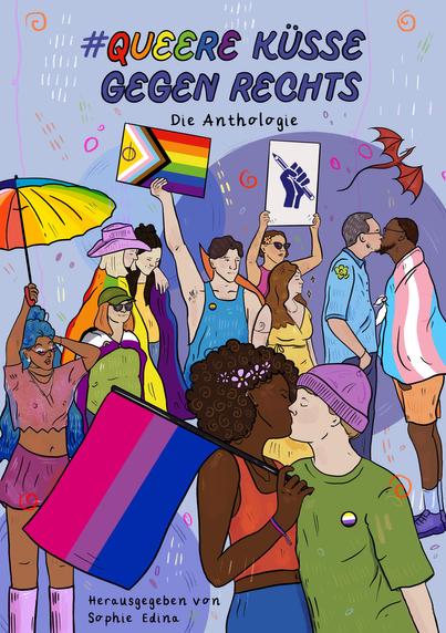 Das Buchcover zeigt eine Illustration mit feiernden Menschen. Einige küssen sich, mehrere halten verschiedene Pride-Flaggen.