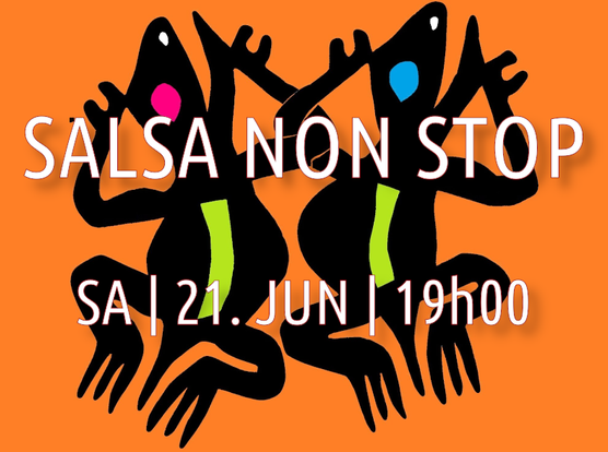 Zwei tanzende Geckos vor einfarbigem Hintergrund.
Hinweis auf die Salsa-Party am Samstag, 21. Juni, 19:00 Uhr.