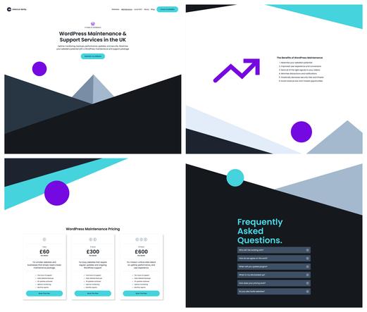 4 screenshots from a WordPress maintenance service webpage showing simple graphics and minimalist layouts.