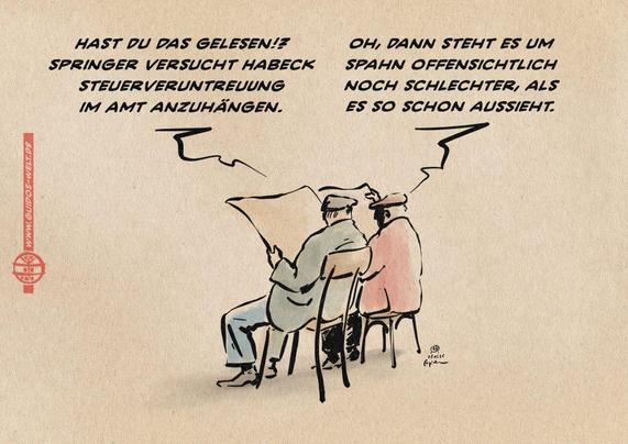 Illustration zweier Zeitungslesender Männer. Der eine sagt zum anderen: Hast Du das gelesen!? Springer versucht Habeck Steuerveruntreuung anzuhängen. Der andere entgegnet: Oh, Dann steht es um Spahn offensichtlich noch schlechter, als es so schon aussieht.