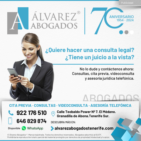 ¿Quiere hacer una consulta legal? ¿Tiene un juicio a la vista? No lo dude y contáctenos ahora, en Alvarez Abogados Tenerife le ofrecemos asesoría jurídica, defensa legal y representación de calidad desde 1954. Desde El Médano, en Granadilla de Abona, en Tenerife Sur, trabajamos y cubrimos toda la isla de Tenerife, tanto el Sur y Norte. Además de otras islas.
https://alvarezabogadostenerife.com/contacto/ 

#alvarezabogados #abogadostenerife #tenerifelegal #abogados #Tenerife #legal #derechos
