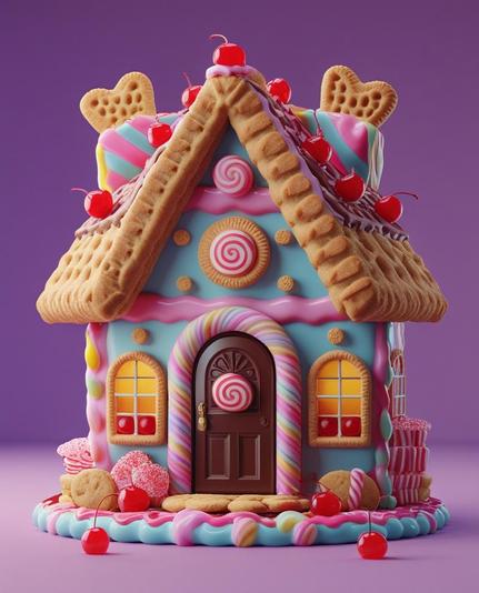 ②«Generated by LeonardoDiffusion»
(3D rendering art: Candy house) This is a dreamy candy house like the one in Hansel and Gretel. The walls are made of cookies, the door is chocolate, and the windows are made of candy. The biscuit roof is decorated with maraschino cherries and drizzled with sweet syrup.