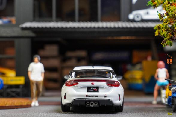A rear side of Honda Civic Type R (FL5), Spoon Sports Livery on White by Motor Helix in 1:64 scale with 1:64 figure on AREA 164