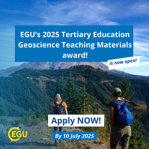 Image description: Two hikers looking at a mountain view with text reading :"GU’s 2025 Tertiary Education Geoscience Teaching Materials award, is open now, apply now by 10 July 2025!"