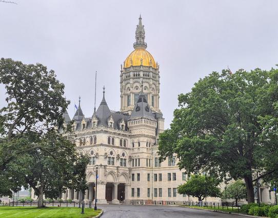 Exterior of the Connecticut State Capitol, showing its tall, golden dome.