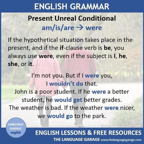 English grammar note on the unreal conditional with were, image of two people walking in a park