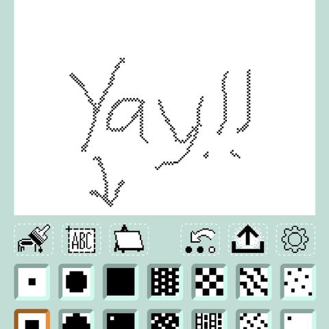a partial screenshot of the 60Grid pixel drawing app. text function buttons have been replaced with fun visual icons. the word ‘yay!’ with an arrow pointing to them has been written above.