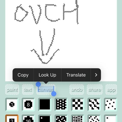 a partial screenshot of the 60Grid pixel drawing app. text on a button is selected and a flyout menu is hovering over the canvas. the word ‘ouch’ with an arrow pointing to it has been written above.