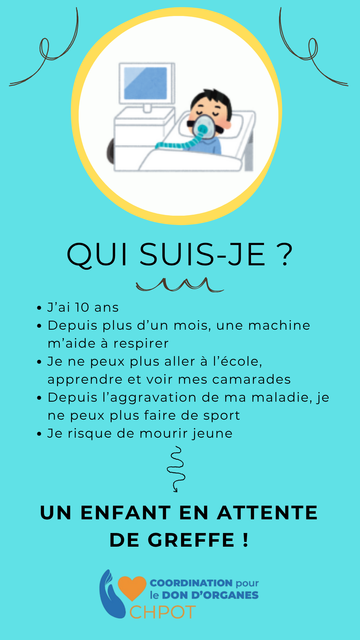 Visuel sur fond clair représentant un enfant stylisé de dos, avec la mention en texte : « Qui suis-je ? Un enfant en attente de greffe ». L’image évoque l’attente, l’espoir et la fragilité de la situation vécue par les jeunes patients en attente de don d’organes.
