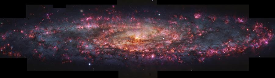 This image shows a detailed, thousand-colour image of the Sculptor Galaxy captured with the MUSE instrument at ESO’s Very Large Telescope (VLT). Regions of pink light are spread throughout this whole galactic snapshot, which come from ionised hydrogen in star-forming regions. These areas have been overlaid on a map of already formed stars in Sculptor to create the mix of pinks and blues seen here.
Credit: ESO/E. Congiu et al.