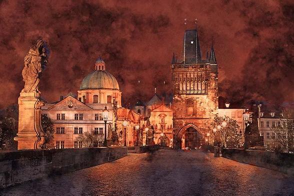 Night view of the Charles Bridge in Prague.