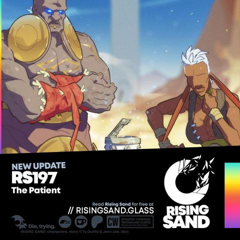 A promotional image for Rising Sand, wherein Qebrus and Crjth wait for... something.