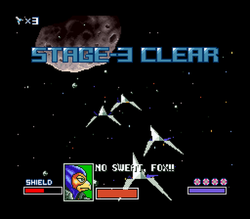 Star Fox for SNES screenshot, Stage 3 Clear, with four Arwings in formation in a starfield with a planetoid in the upper left quarter. Falco: "No sweat, Fox!!"