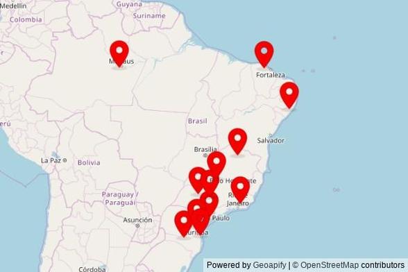 A map showing every place of worship we have visited so far in Brazil including:
Igreja de Santa Luzia in Manaquiri
Igreja de Santa Tereza in Murici
Capela de São Pedro in Caçador
Igreja Matriz de Santa Tereza in Teresópolis
Catedral Sagrado Coração de Jesus in Janaúba
Paróquia São Paulo Apostolo in Catanduva
A Igreja de Jesus Cristo dos Santos dos Últimos Dias in Miracatu
Capela Santa Gema in Colombo
Primeira Igreja Batista in Santa Rosa de Viterbo
Igreja de Nossa Senhora Aparecida in Itapipoca
Igreja Nossa Senhora Aparecida in São João do Itaperiú
Igreja Santa Cruz in Carmo do Paranaíba