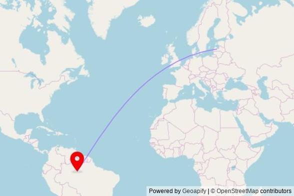 A map showing the great circle route from Irlavas pagasts in Latvia to a map pin at Igreja de Santa Luzia, Manaquiri, Região Geográfica Intermediária de Manaus, Brazil
