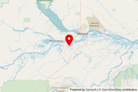 A map showing the area of Manaquiri with a pin at the position of Igreja de Santa Luzia, Manaquiri, Região Geográfica Intermediária de Manaus, Brazil