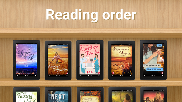 Depicted is a book shelf. In the top shelf is the words "reading order." The middle and bottom shelf hold some of Jae's books, including Under a Falling Star, Perfect Rhythm, Bachelorette Number 12, Bachwards to Oregon, and Wrong Number, Right Woman. 