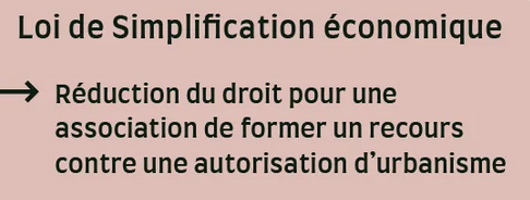 En France, la loi de "simplification économique" adoptée le 17 juin réduit aussi le droit d’association à contester une autorisation d’urbanisme. 