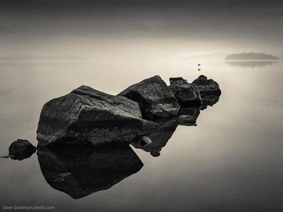A photograph of the silhouette of a lone bird flying above Loch Lomond on a calm, clear morning in Scotland. Large rocks appear in the foreground, reflected clearly in the still water of the loch. Low mist rolls gently in the distance, adding a soft layer to the scene.