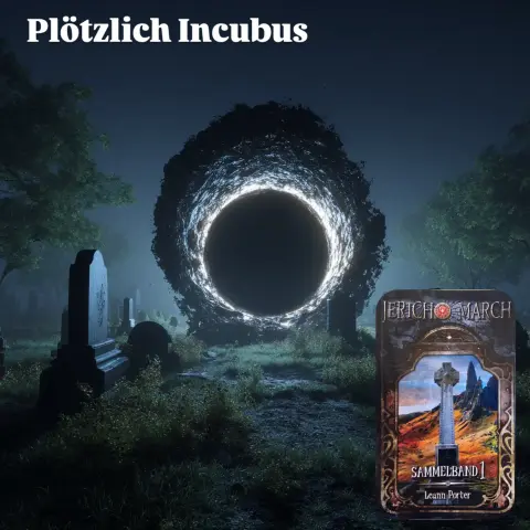 Ein schwarzes Dimensionsloch auf eine Friedhof bei Nacht.

Midjourney Prompt: Hyperrealistic photograph of a colossal monstrous spider, 8K detail, perched menacingly on the edge of a dramatic cliff on Isle of Skye, Scotland. Behind the spider, a mysterious dimensional portal hovers in mid-air, crackling with dark energy. Through the portal, glimpses of a nightmarish realm with obsidian rocks and multiple giant spiders under a pitch-black sky. Moody atmosphere, dramatic lighting, volumetric fog, cinematic composition, golden hour lighting on Skye contrasting with the dark dimension, very low angle --ar 1:1 --profile 3jzhi3z --v 7

Text links oben: Plötzlich Incubus 
Rechts unten: Cover des Sammelbands 1 der Jericho March-Reihe.