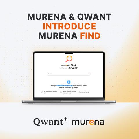 Laptop showing the new search engine with message saying Murena & Qwant introduce Murena Find