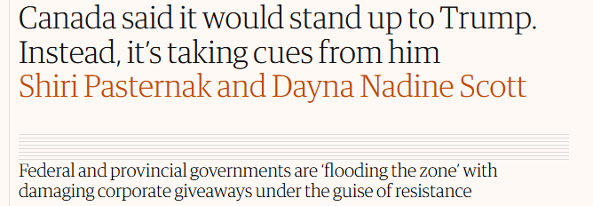 Canada said it would stand up to Trump.
Instead, it's taking cues from him

Shiri Pasternak and Dayna Nadine Scott
Federal and provincial governments are ‘flooding the zone with
damaging corporate giveaways under the guise of resistance

