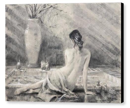 Canvas print of an original charcoal drawing depicting a woman from the back. She is wrapped in a towel and sitting before a sunken bath.