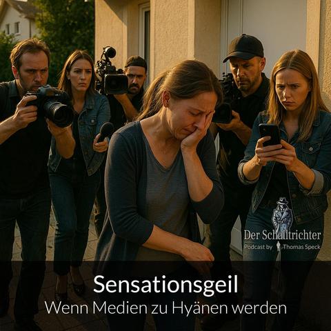 Eine weinende Frau mittleren Alters mit zusammengebundenem braunen Haar steht vor einer hellen Haustür in einer Wohnsiedlung. Sie trägt eine schlichte Jeans und ein graues Oberteil, ihr Gesicht ist zur Seite gedreht und von einer Hand bedeckt. Um sie herum drängen sich fünf Reporter:innen, teils mit Kameras, teils mit Mikrofon oder Smartphone. Ihre Gesichter zeigen Entschlossenheit, Sensationsgier und Konzentration. Die Szene spielt im warmen Licht eines späten Nachmittags, auf der Türmatte liegt ein farbig gestreifter Teppich. Die Frau wirkt schutzlos und bedrängt, die Reporter invasiv und unbarmherzig.