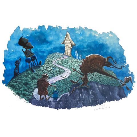 My watercolor painting titled “Enmity and Devotion” takes place on a hill in a nighttime setting. A small dog looks expectantly at a man seated with arms crossed angrily looking away while another figure reaches out in a pleading gesture as a smaller figure pulls him back by the hair. Also present is another small figure making a deposit into a jar at the edge of a cliff in the near foreground with a path leading to a small structure at the top of the hill.