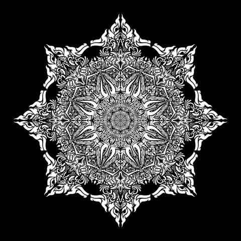 White filled on black background eight-fold axis vector mandala with myriad highly detailed organic art nouveau, art deco styled elements emanating outwards from the centre in numerous inner mandalic sections representing a stylized wheel with eight spokes.