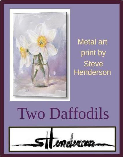 Metal print of an original watercolor painting depicting two white daffodils, with yellow centers, in a simple glass vase.