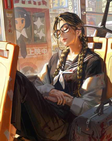 The image depicts a young woman with long, braided hair, wearing a black sailor-style school uniform with a white bow at the neck. She is seated on a bus, with her eyes closed and a peaceful expression on her face. The uniform has red stains, suggesting a recent event. She is wearing glasses and has a sword strapped to her back. Her right hand rests on her lap, and she is holding a small object, possibly a phone or a small device. The bus window shows a reflection of a character with a star on her head, and there are Japanese characters on the window, including "上映中" (which means "currently showing" in English) and "下車鈴" (which means "doorbell" in English). The bus seats are orange, and there is a suitcase next to her with red stains, matching the ones on her uniform. The background outside the bus window shows a cityscape with bright lights and signs, indicating a bustling urban environment.