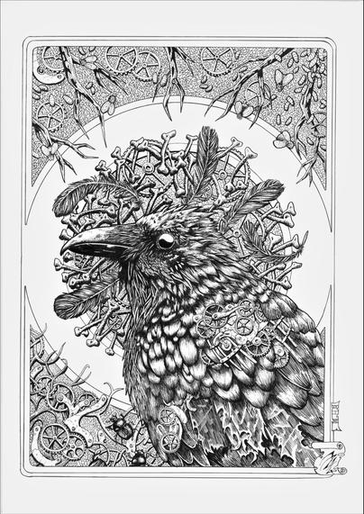 Dessin d'un corbeau dont les ailes contiennent des mécanismes d'horlogeries. Derrière lui un rond central rempli d'os, de plumes et d'engrenages, en haut et en bas des racines et branches pointent vers le centre de la page accompagnées d'insectes et de petits mécanismes