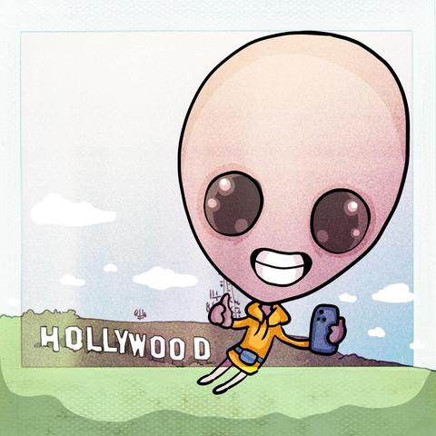 Illustration of a grey alien with an inflated head, taking a selfie while floating over the Hollywood sign.
