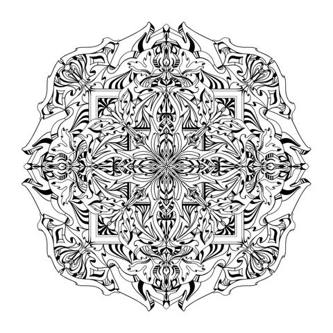 Black on white background raster art mandala with myriad highly detailed abstract and stylized organic art nouveau, art deco styled elements emanating outwards from the centre in numerous inner mandalic sections.