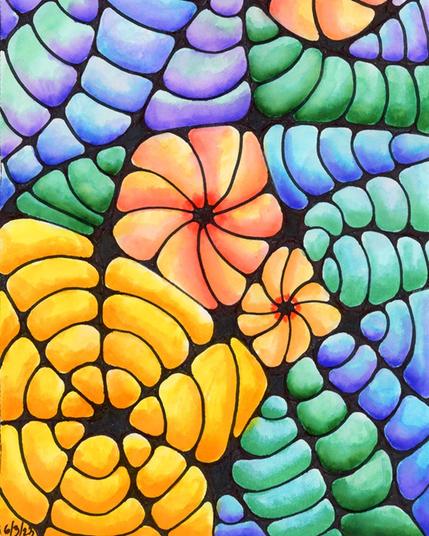 Abstract stained glass-style pen and ink artwork featuring organic, flowing patterns in vibrant colors. The composition includes stylized flower and leaf-like forms with thick black outlines, rendered in gradients of warm yellows and oranges on the left transitioning to cool blues, greens, and purples on the right. The shapes have a fluid, mosaic-like quality reminiscent of stained glass windows, with curved petals and organic segments creating a harmonious, nature-inspired pattern against a dark background.