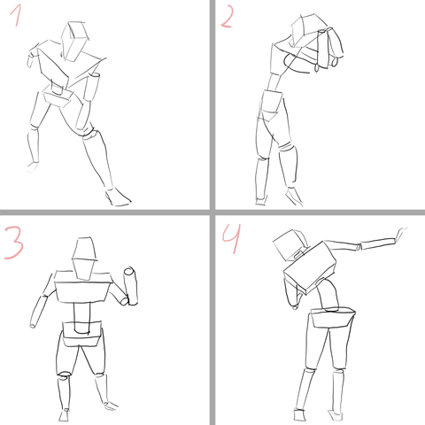 4 drawings of human figures made of geometric shapes such as cilinders and prisms. The drawings are presented in a 2x2 grid.