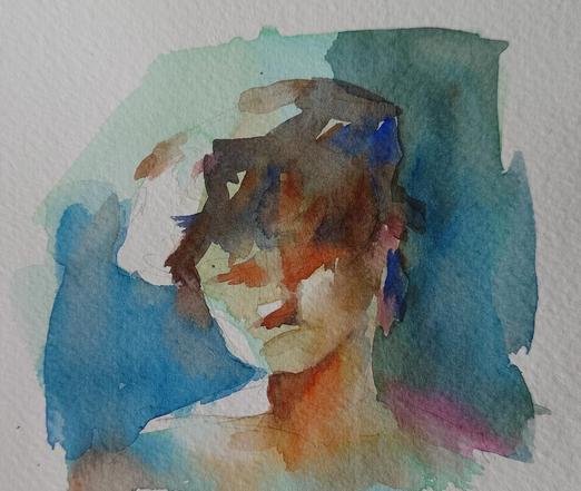 A loose watercolor painting of a face. The background is a blue-ish color