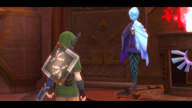 The Legend of Zelda: Skyward Sword HD - Link faces Fi, the spirit of the sword.