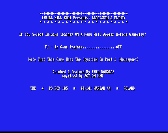 Screenshot of "Slackskin & Flint" - Crack and Trainer (+1): The Thrill Kill Kult (TKK) - Published by Fun Factory on Commodore Amiga (1992)