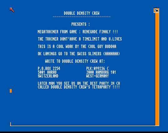 Screenshot of "Renegade" - Trainer: Double Density Crew (DDC) - Published by Imagine on Commodore Amiga (1989)