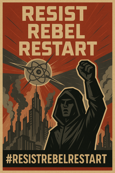 Old style wartime poster that says "Rests rebel restart"