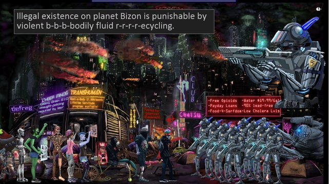 army of robots standing off against protestors