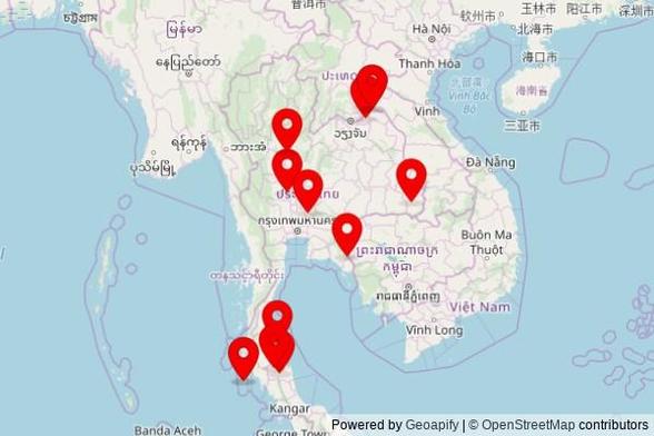 A map showing every place of worship we have visited so far in Thailand including:
วัดหงษ์ศิลาวาส in Ban A Hong
วัดเขาสุวรรณประดิษฐ์ in Don Sak
วัดคลองมอญ(หลวงพ่อมหาโพธิ์) in Wat Sing
สำนักสงฆ์เขาปีกกา in Nong Bon
ปราสาททองหลาง in Ubon Ratchathani Province
วัดพุทธ in Ban Pak Mu
วัดจำปาวนาราม in Thung Song
Wat That Noi in Chan Di
วัดพระพุทธแสงธรรม in Nong Khae
Wat Chalong in Chalong
วัดยางแขวนอู่ in Ban Khui Yang
วัดหงษ์ศิลาวาส in Ban A Hong
Wat Chalong in Chalong