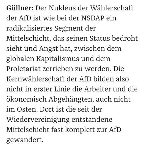 Güllner: Der Nukleus der Wählerschaft der AfD ist wie bei der NSDAP ein radikalisiertes Segment der Mittelschicht, das seinen Status bedroht sieht und Angst hat, zwischen dem globalen Kapitalismus und dem Proletariat zerrieben zu werden. Die Kernwählerschaft der AfD bilden also nicht in erster Linie die Arbeiter und die ökonomisch Abgehängten, auch nicht im Osten. Dort ist die seit der Wiedervereinigung entstandene Mittelschicht fast komplett zur AfD gewandert.